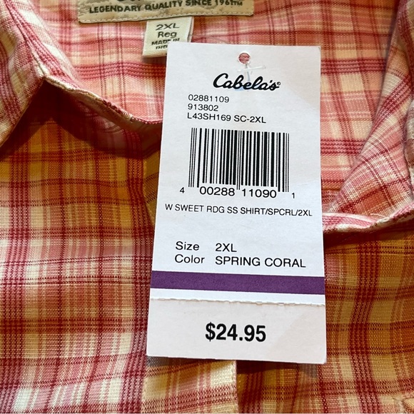 Cabela's Women's Button Up Short Sleeve Blouse Coral & Cream Plaid Size 2XL - Picture 4 of 10